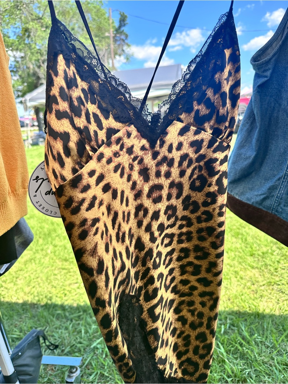 Leopard Print Lace Trim Slip Dress - Black & Tan